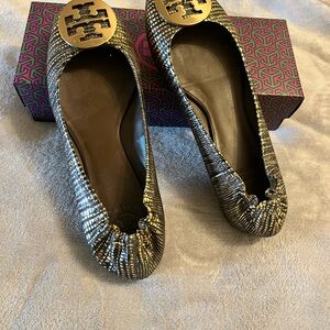 Tory Burch Gold and Black Leather Flats
